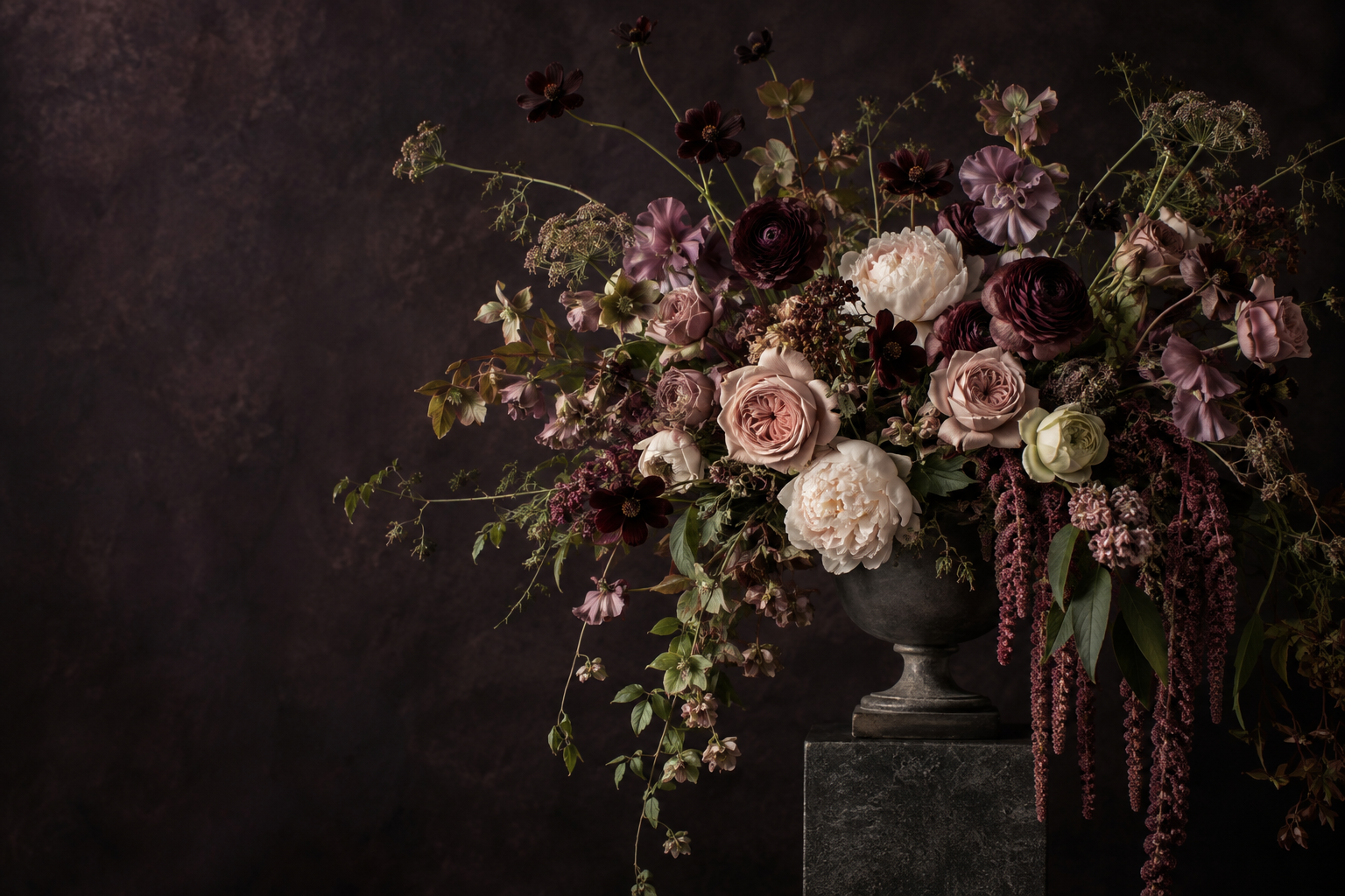 An abundant garden-style arrangement of burgundy, blush, cream, and mauve flowers on a dark pedestal